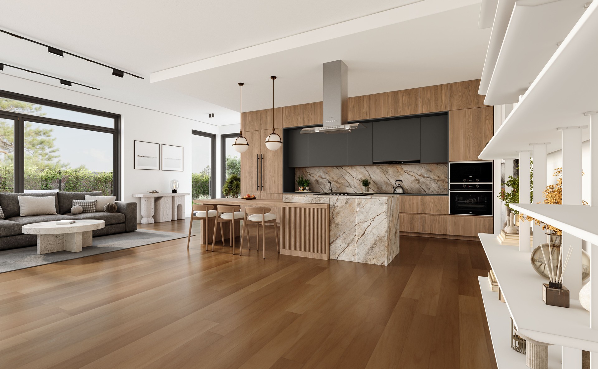 Open space living room and kitchen interior with large windows, gray sofa, dining table and hardwood flooring. Modern design solution
