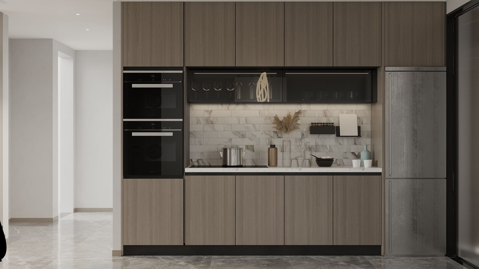 Modern Melamine Kitchen: Sleek Design with Integrated Appliances and Stylish Accents