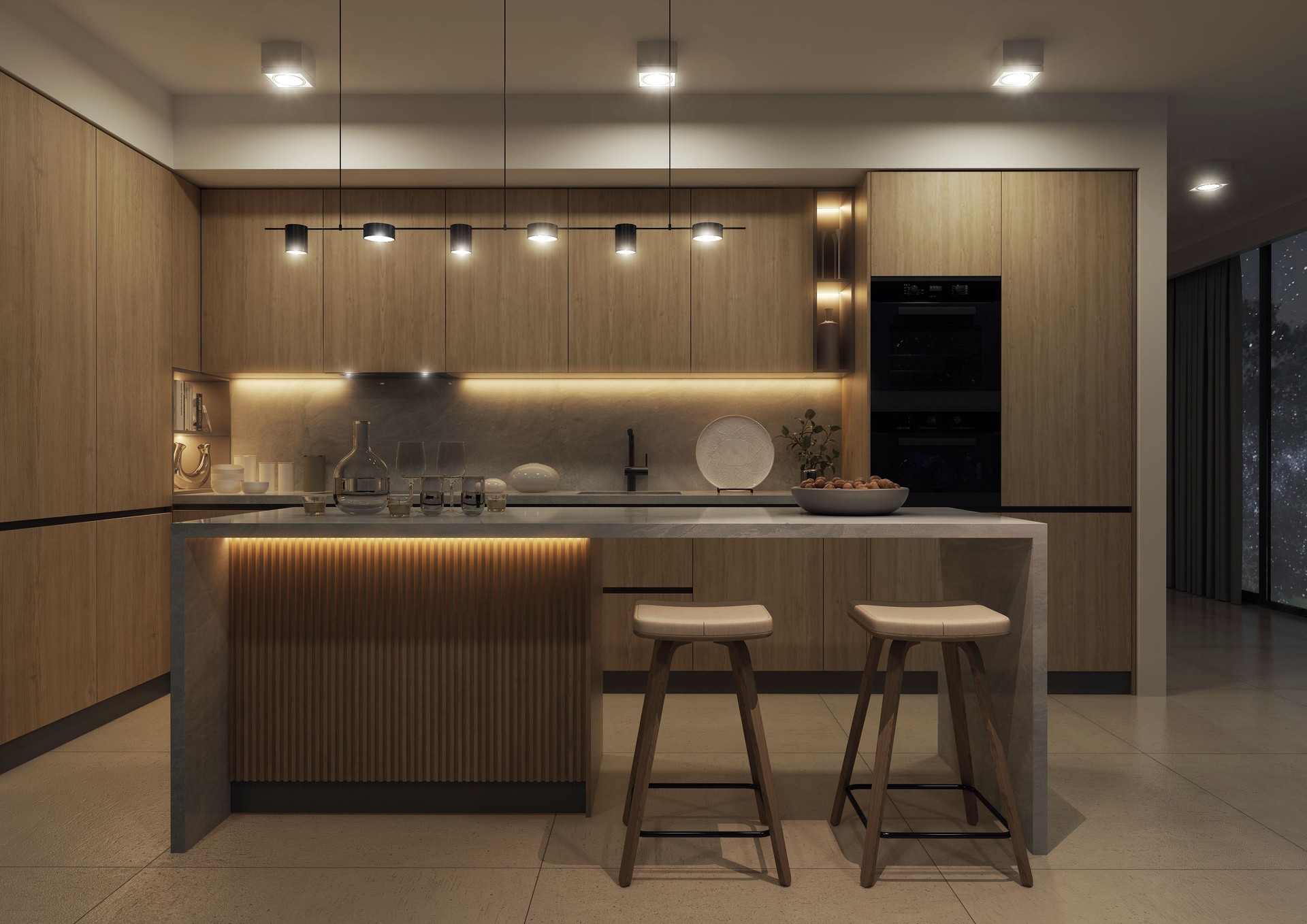 A modern spacious kitchen with a free-standing kitchen island.